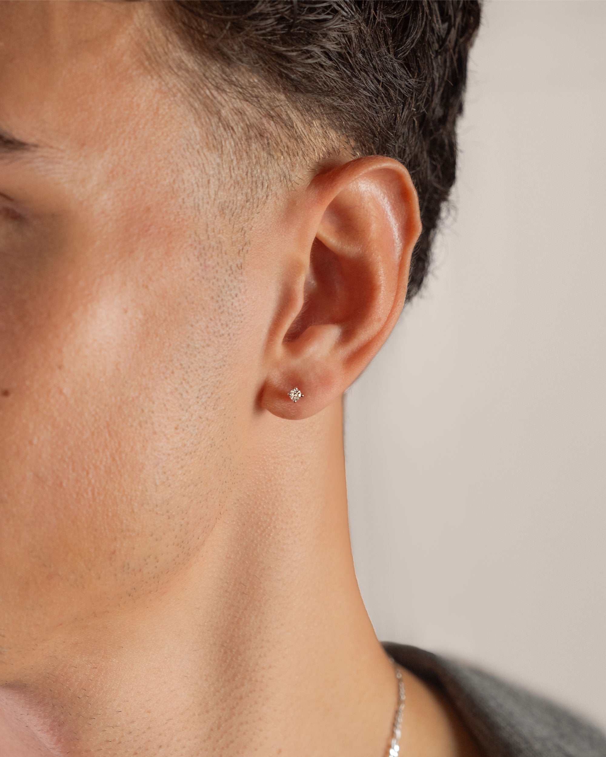 sterling silver small cubic stud earring worn on ear – close-up – Fravour
#material_925 Sterling Silver