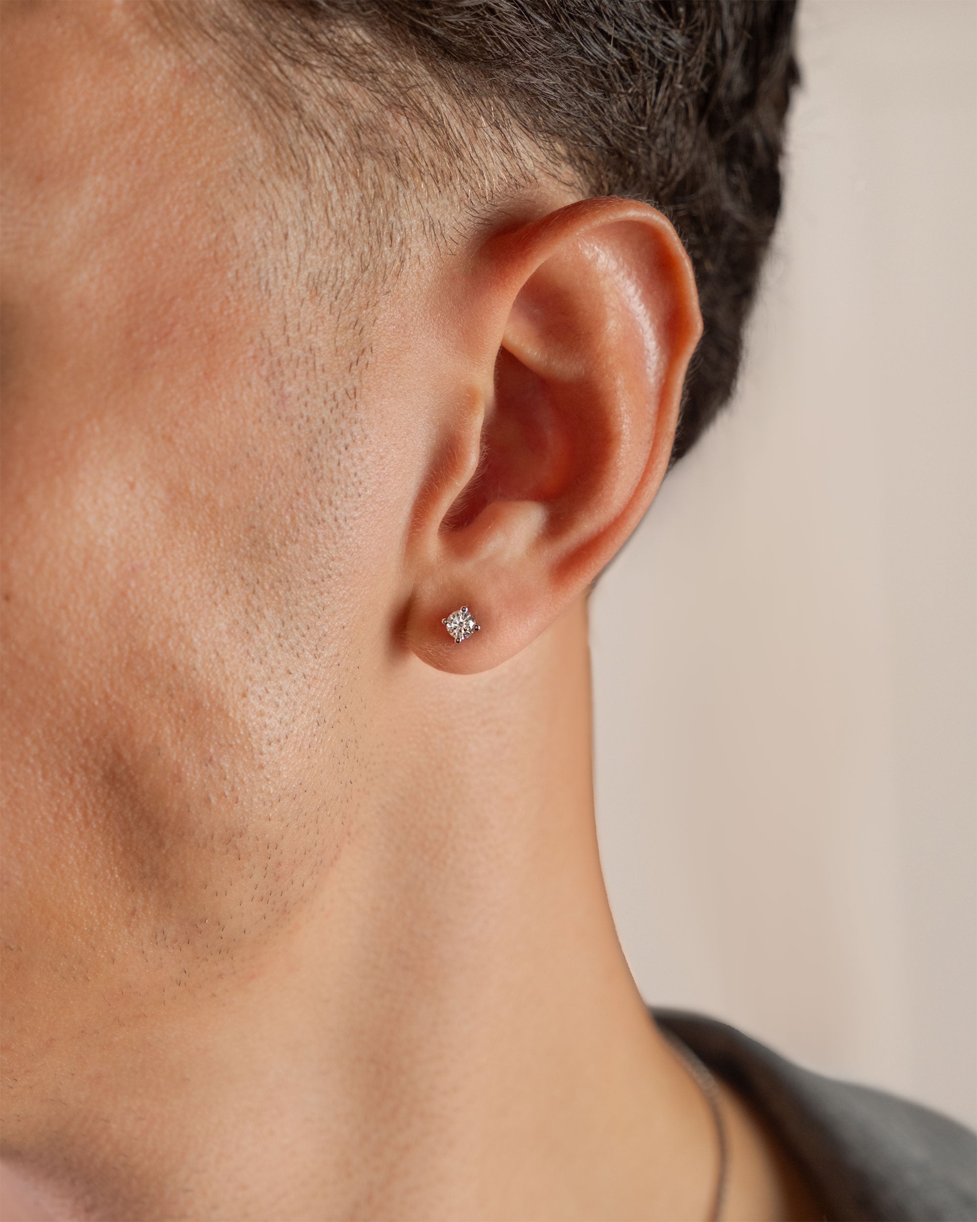 sterling silver large cubic stud earring worn on ear – close-up – Fravour
#material_925 Sterling Silver