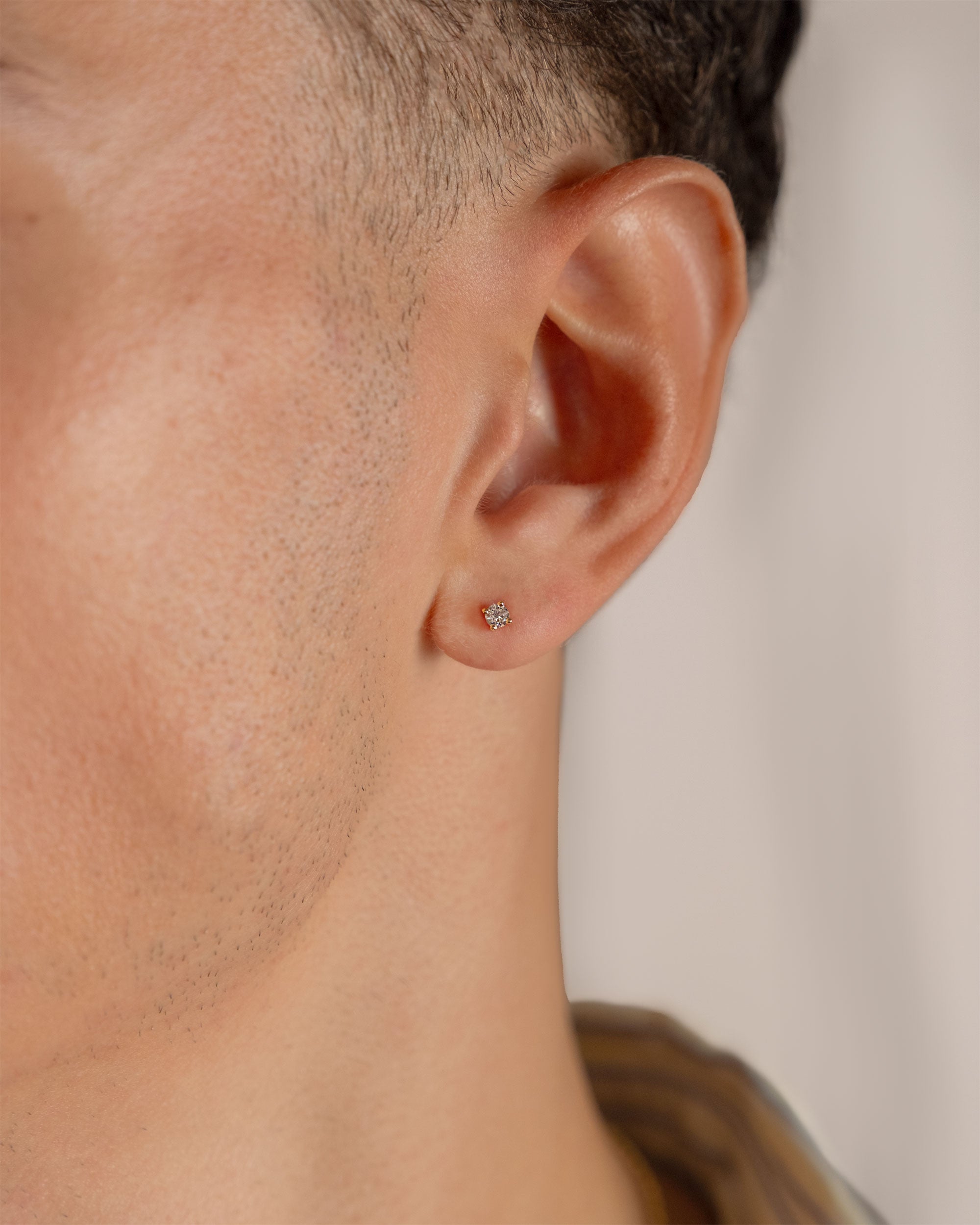 gold plated cubic small stud earring worn on ear – close-up – Fravour
#material_14ct Gold Plated