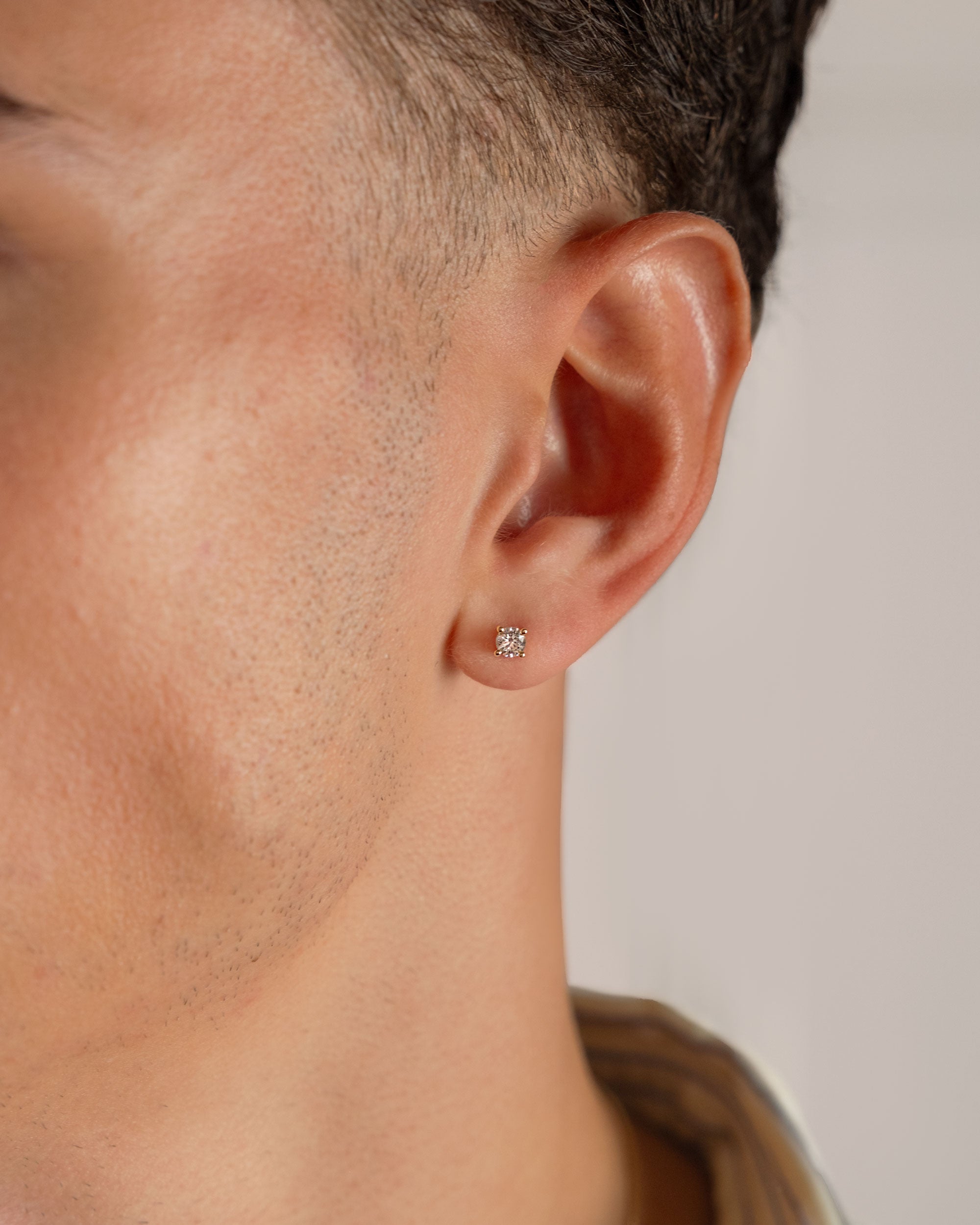 gold plated large cubic stud earring worn on ear – close-up – Fravour
#material_14ct Gold Plated