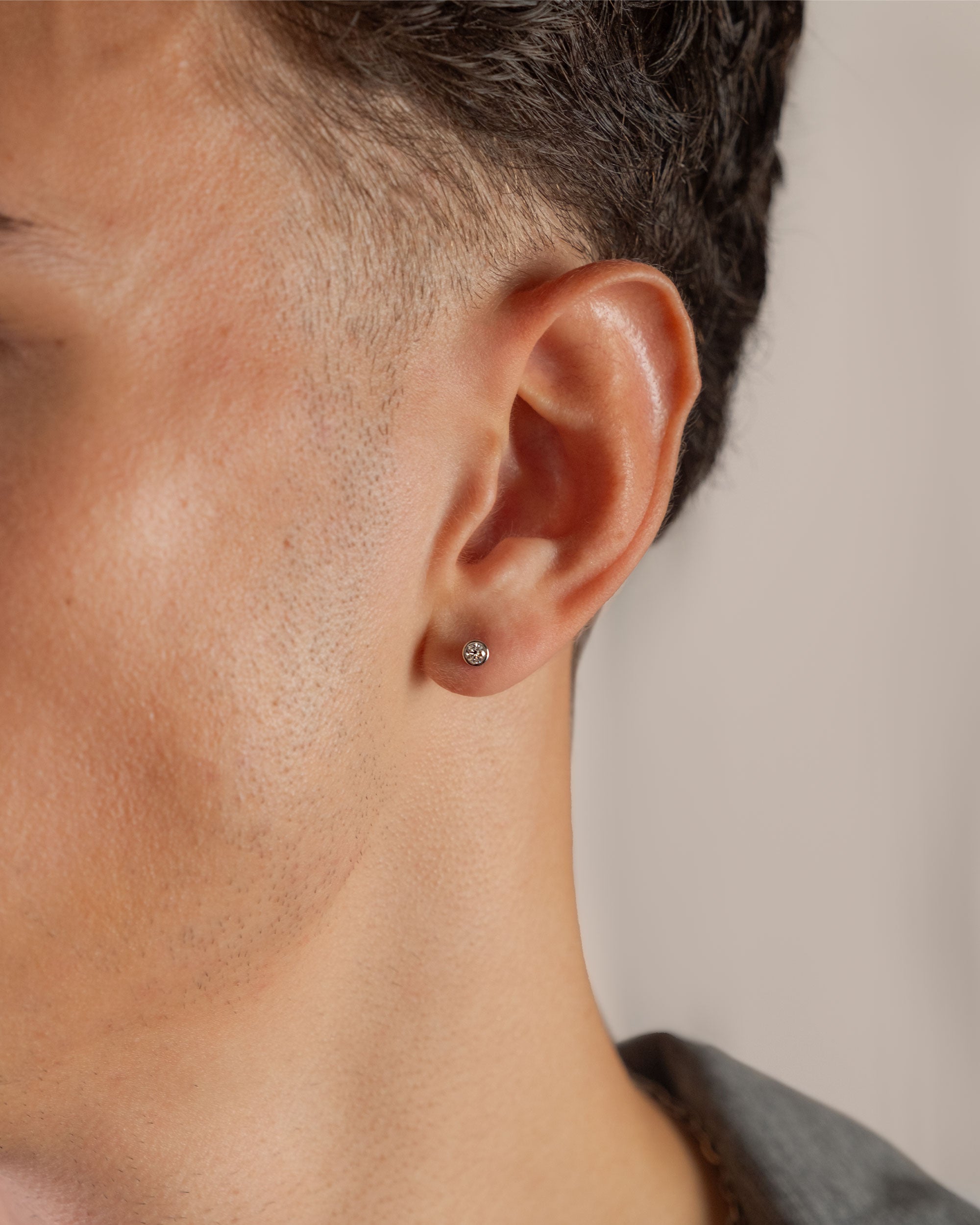 sterling small silver round stud earring worn on ear – close-up – Fravour
#material_925 Sterling Silver