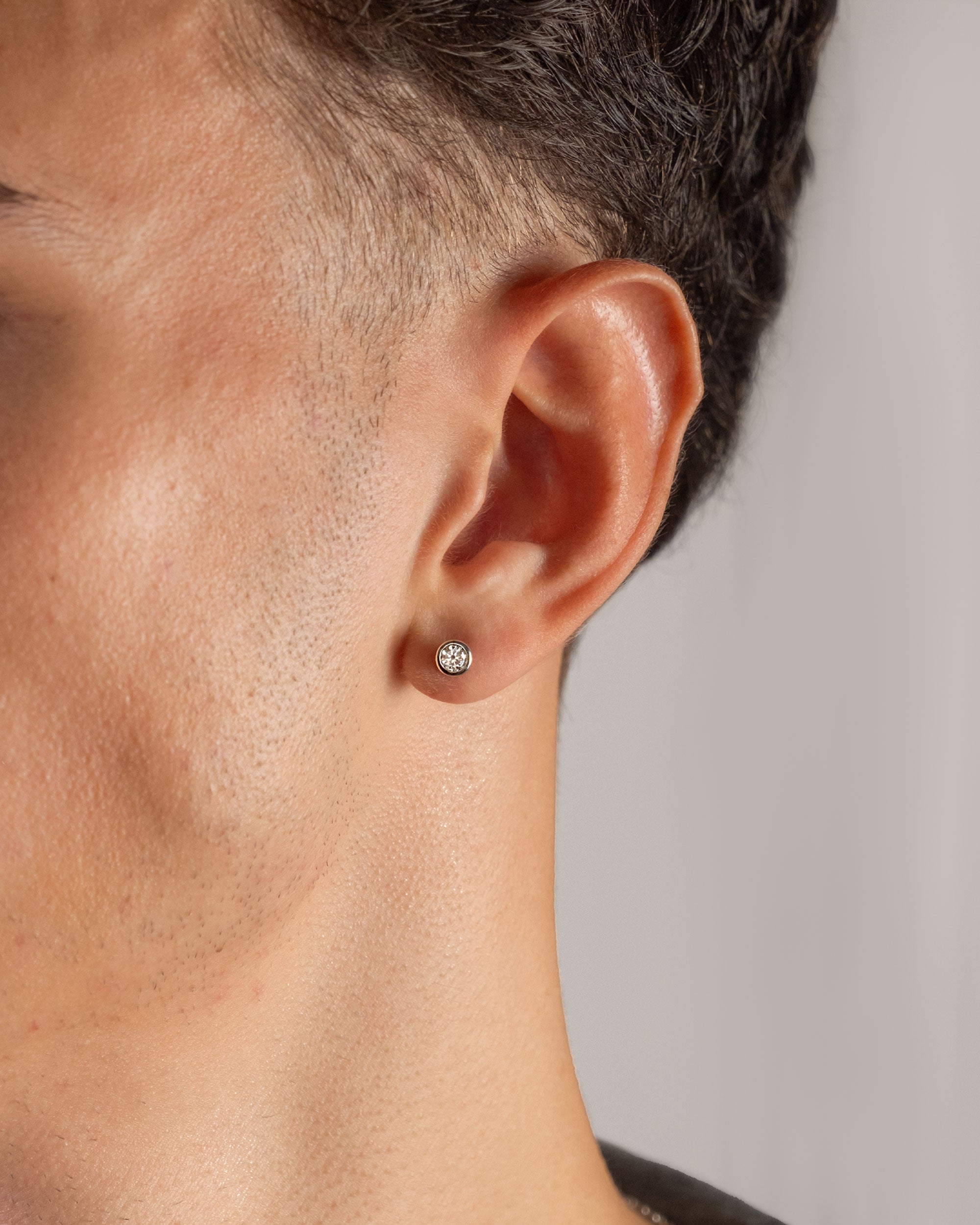 sterling large silver round stud earring worn on ear – close-up – Fravour
#material_925 Sterling Silver