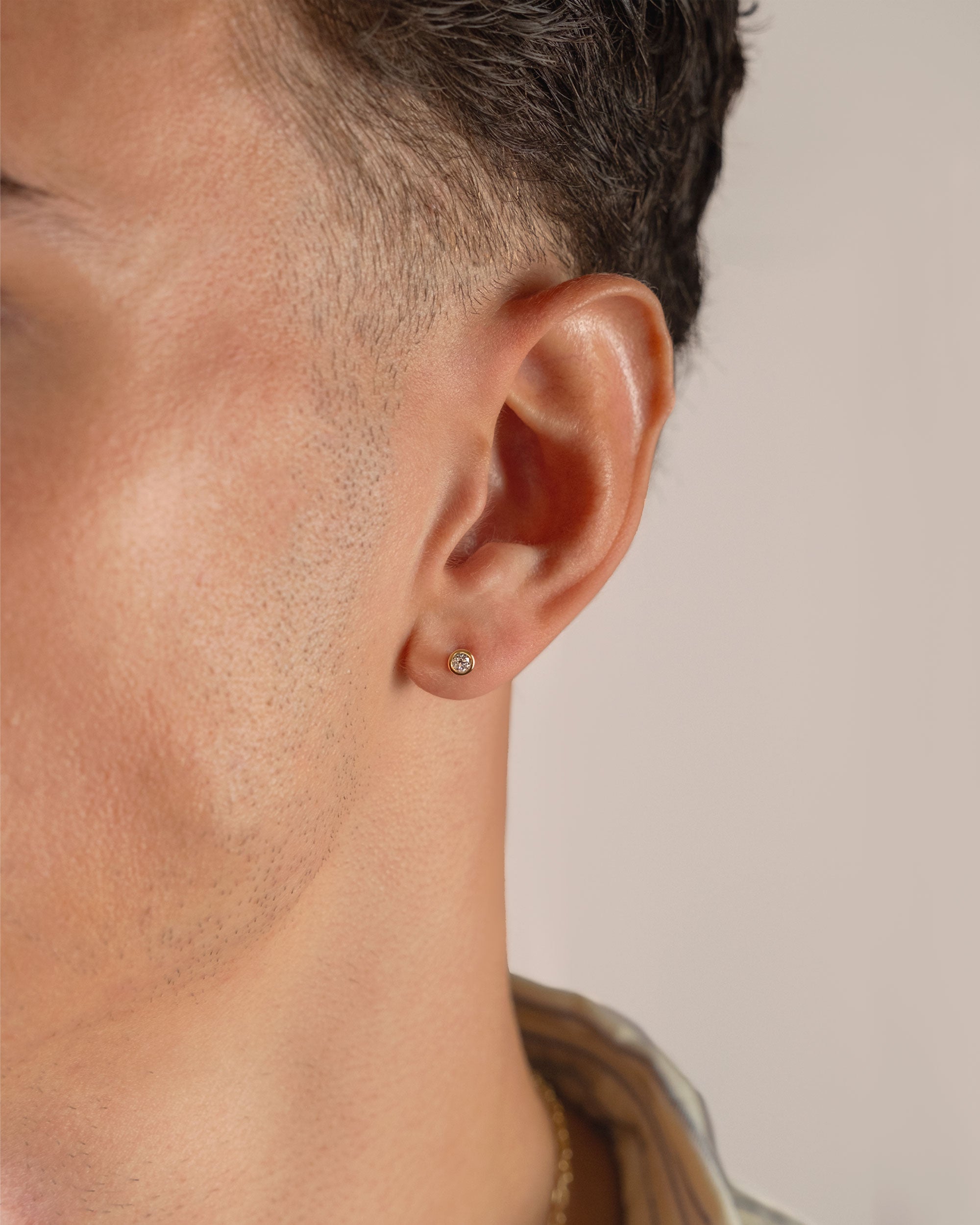gold plated small round stud earring worn on ear – close-up – Fravour
#material_14ct Gold Plated